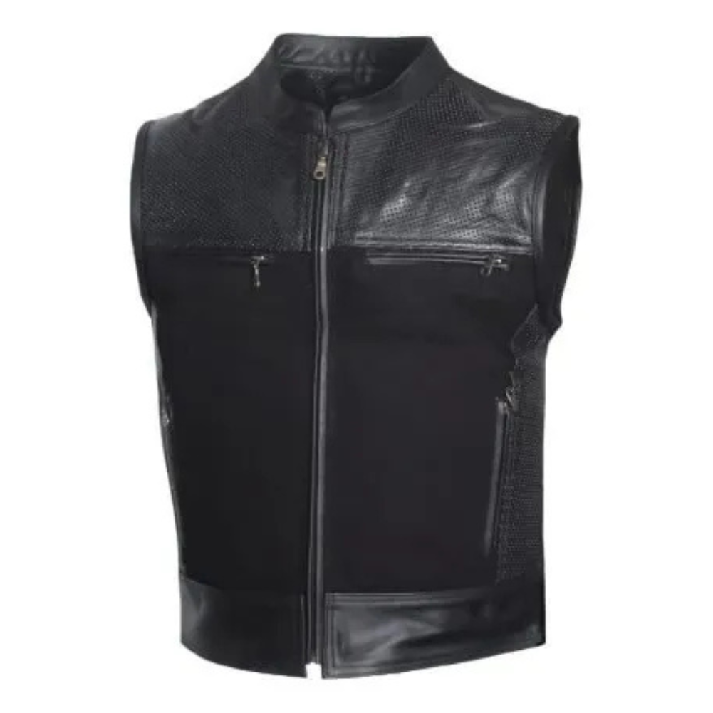 MG429 Mens Perforated Leather And Canvas Motorcycle Vest image 0
