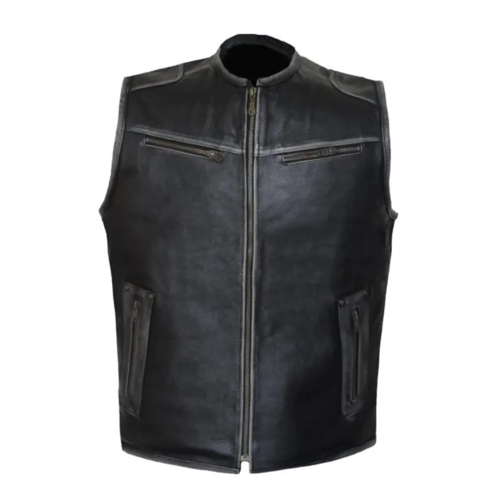 MG419 Distressed Gray Motorcycle Leather Vest image 0