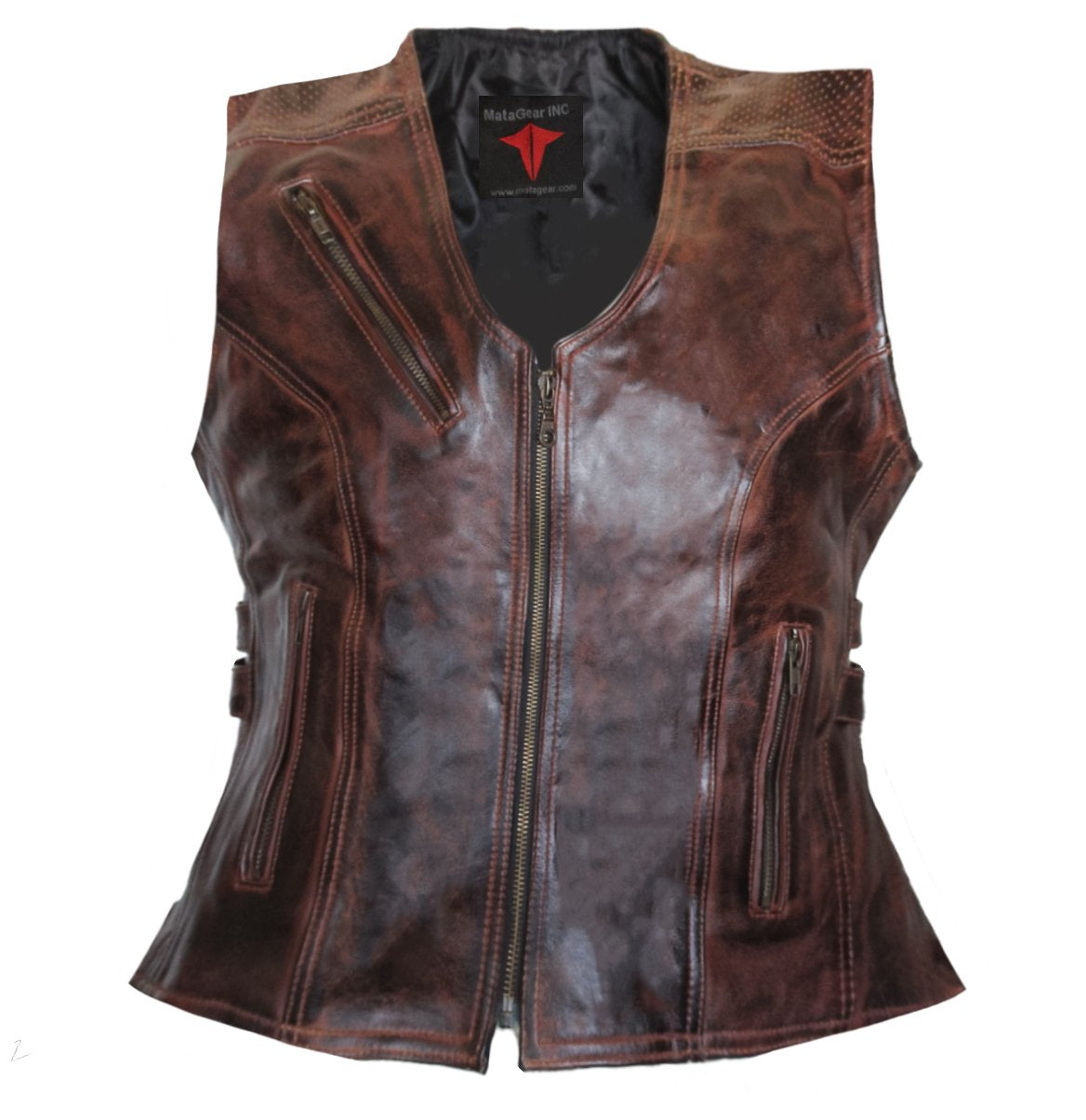 MG457 Motorcycle Ladies Zippered Distressed Leather Vest image 2