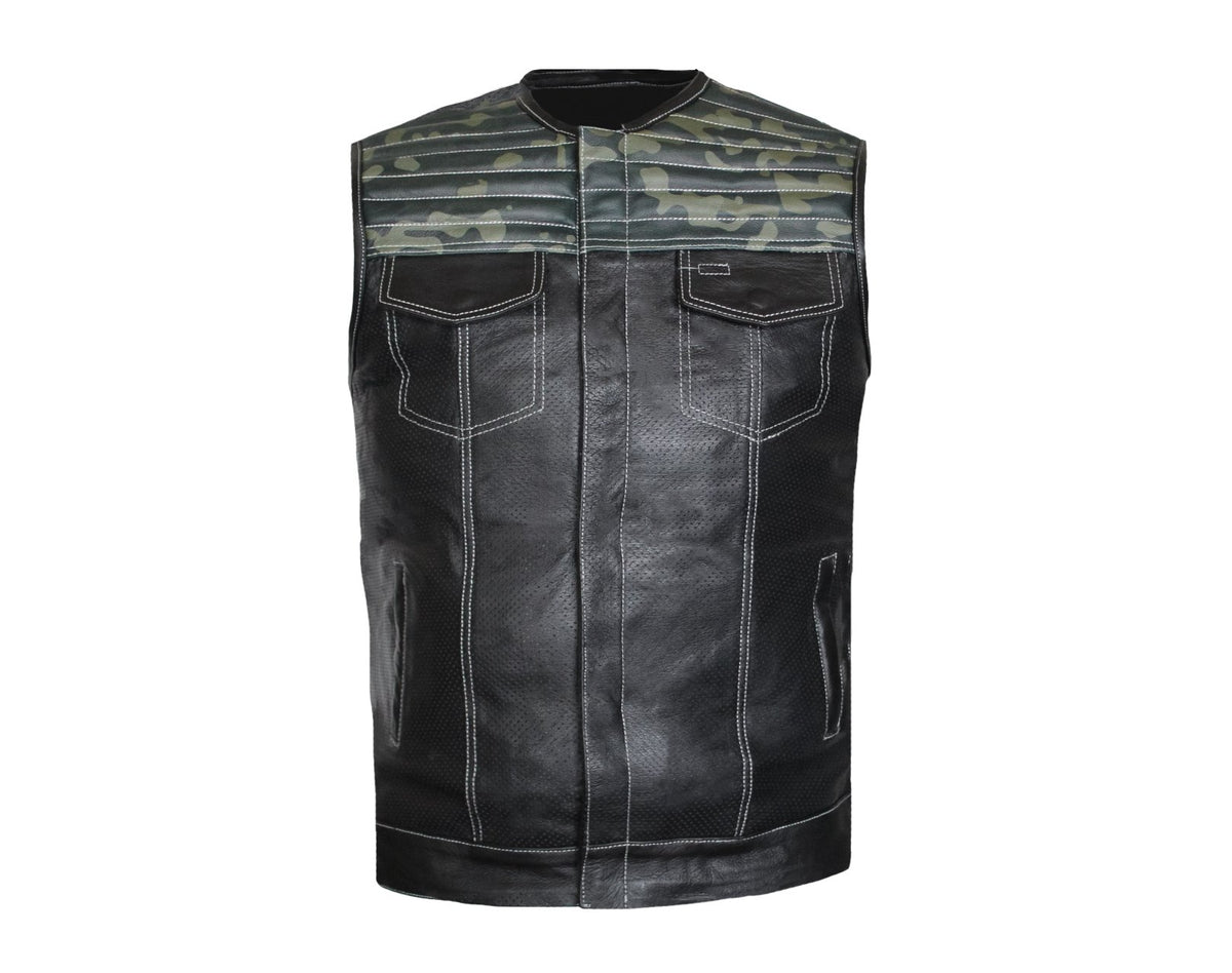 MG444 Mens Perforated CAMO Leather Concealed Carry Motorcycle Vest image 1