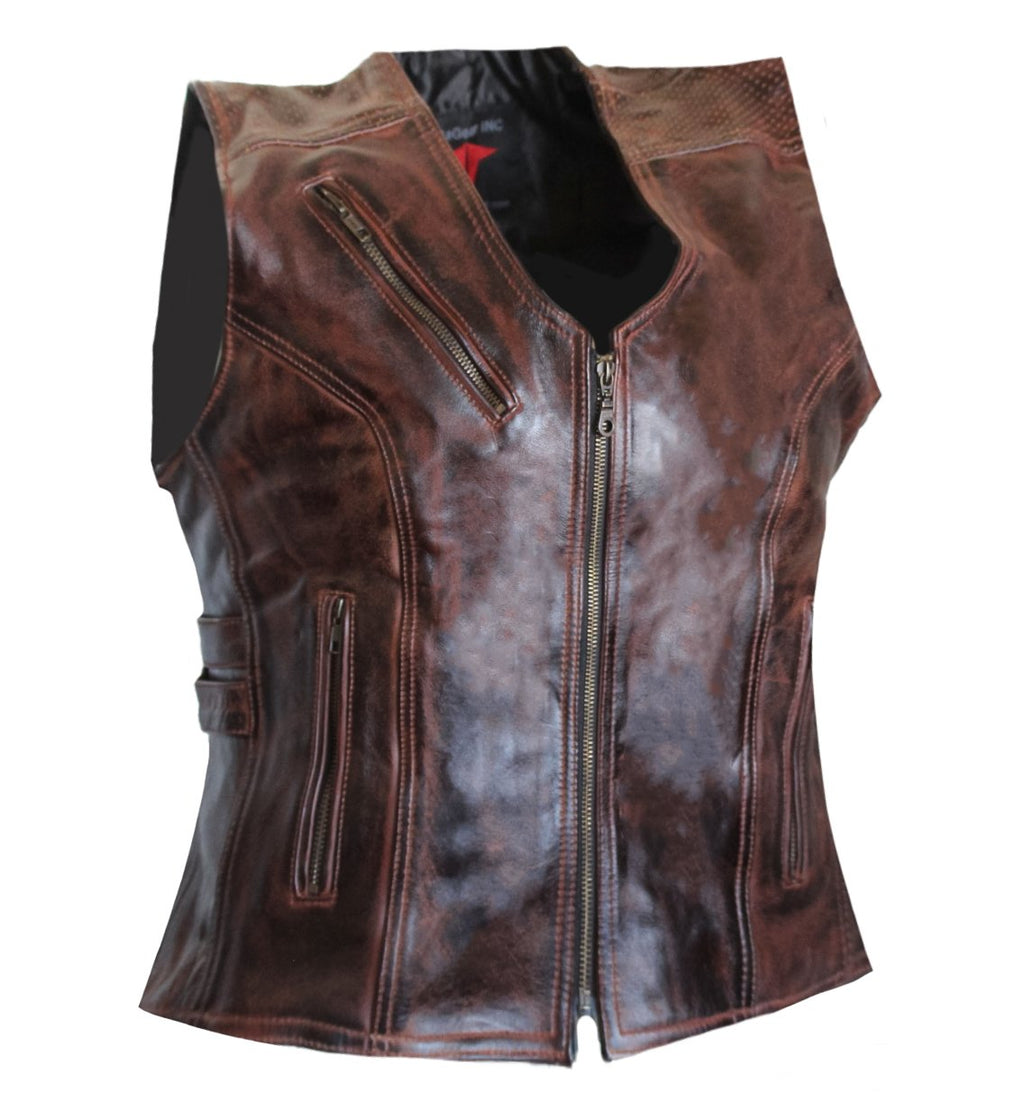 MG457 Motorcycle Ladies Zippered Distressed Leather Vest image 7