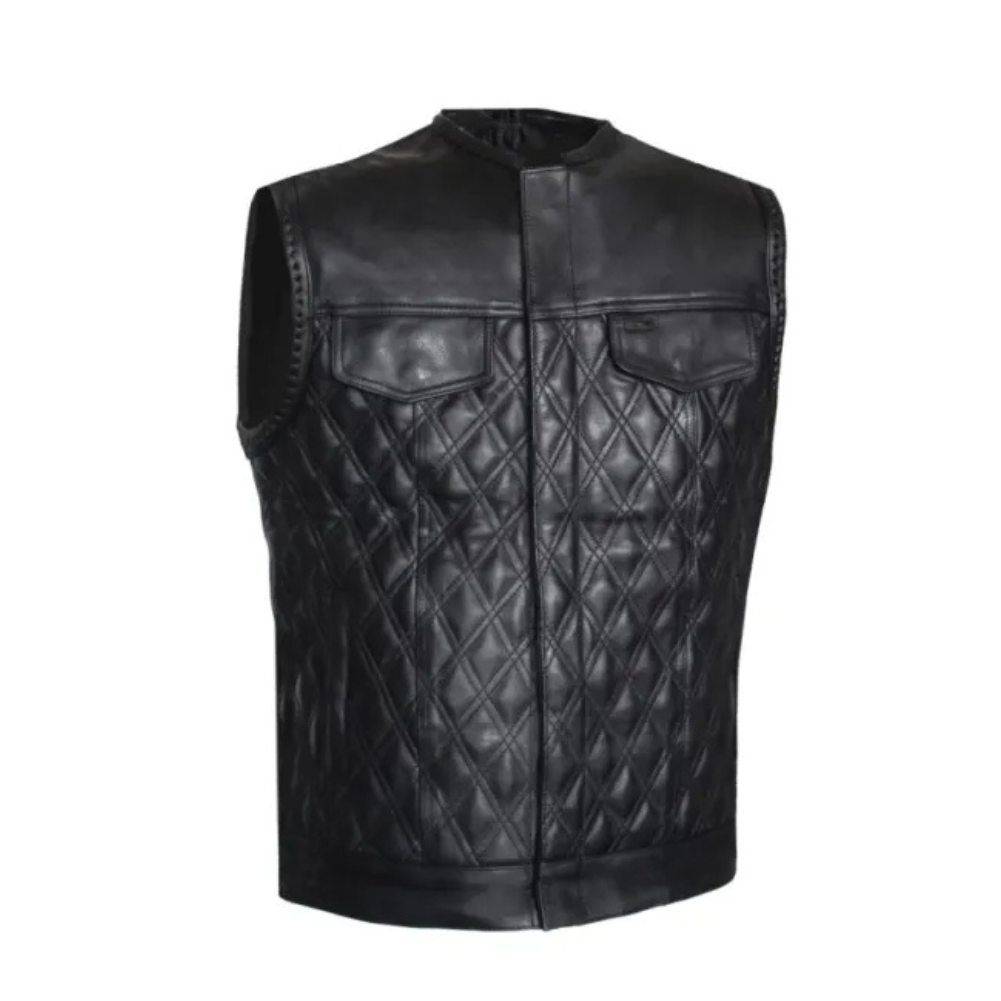 MG443 Mens Padded Black Stitched Leather Concealed Carry Motorcycle Vest image 0