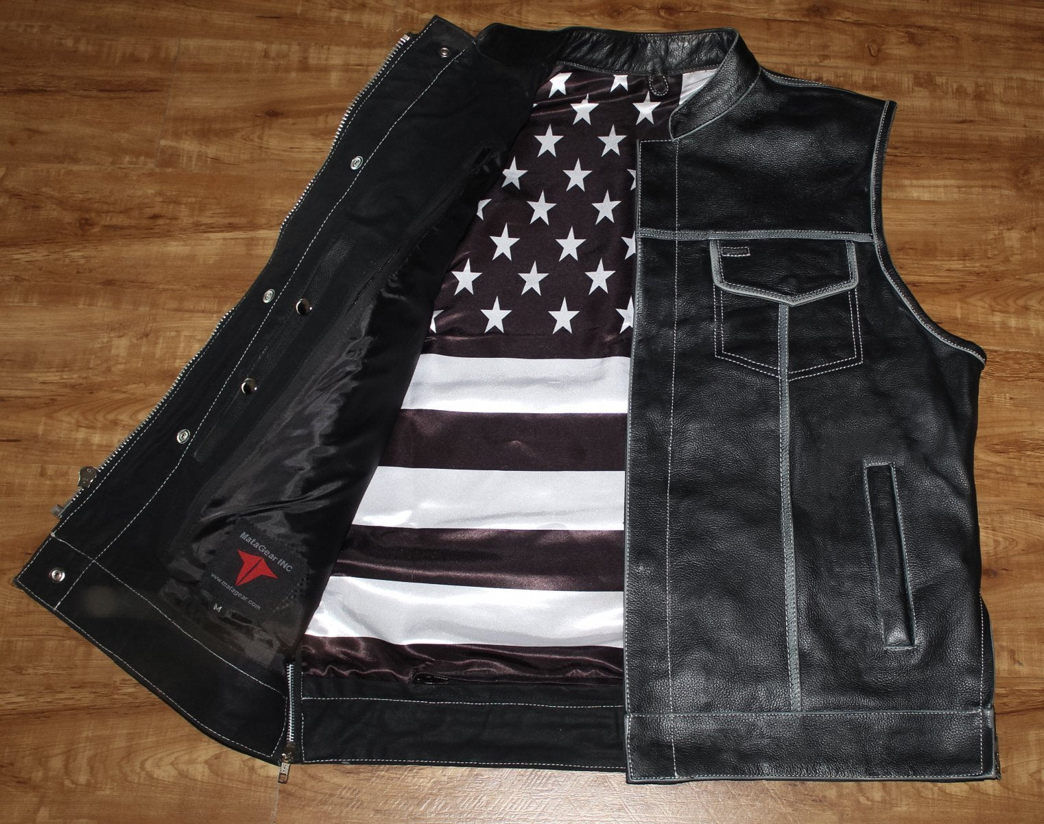 MG410 US FLAG Distressed Black Leather Motorcycle Vest image 6