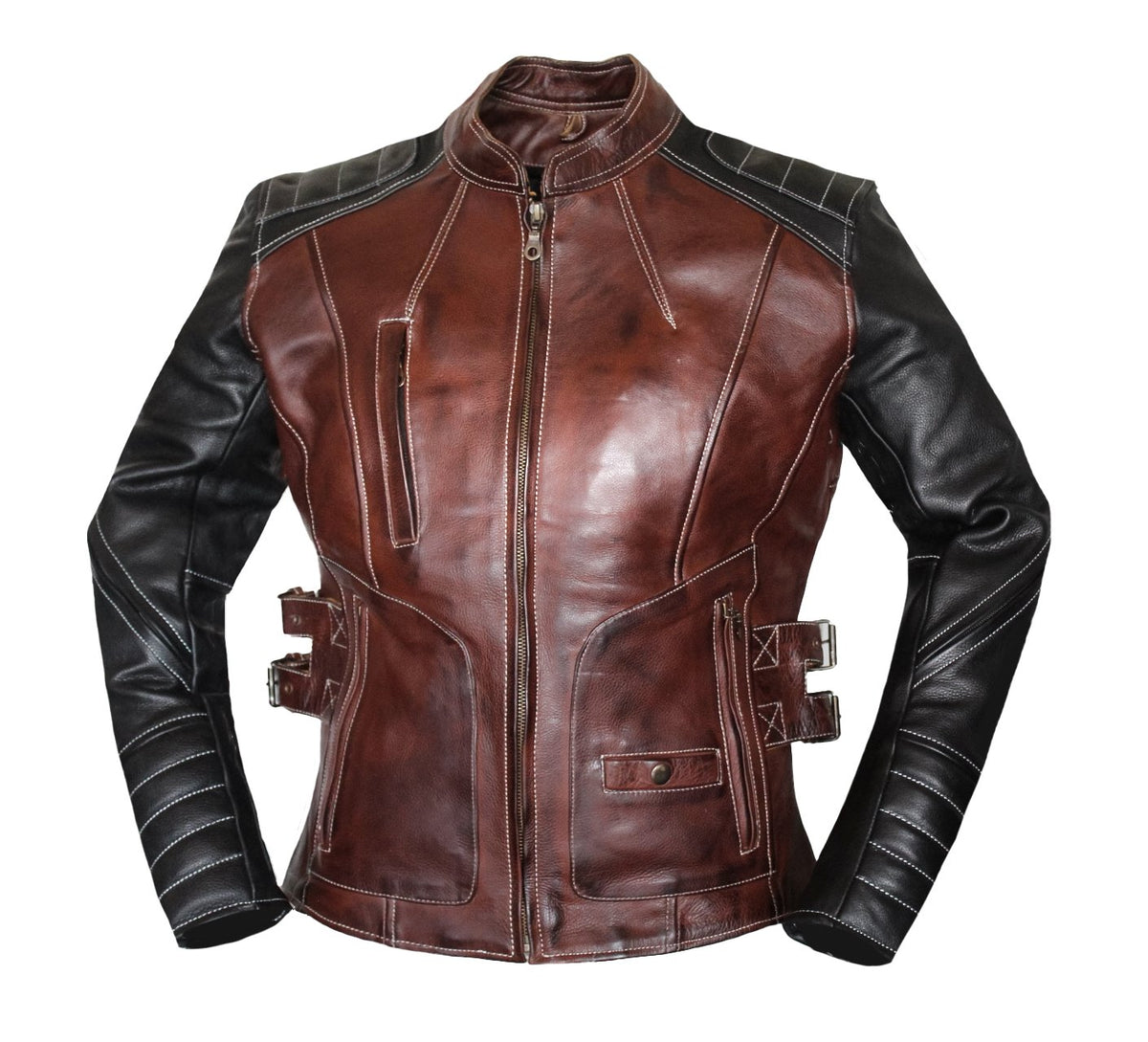 MG509 Motorcycle Women Brown Leather Jacket image 3