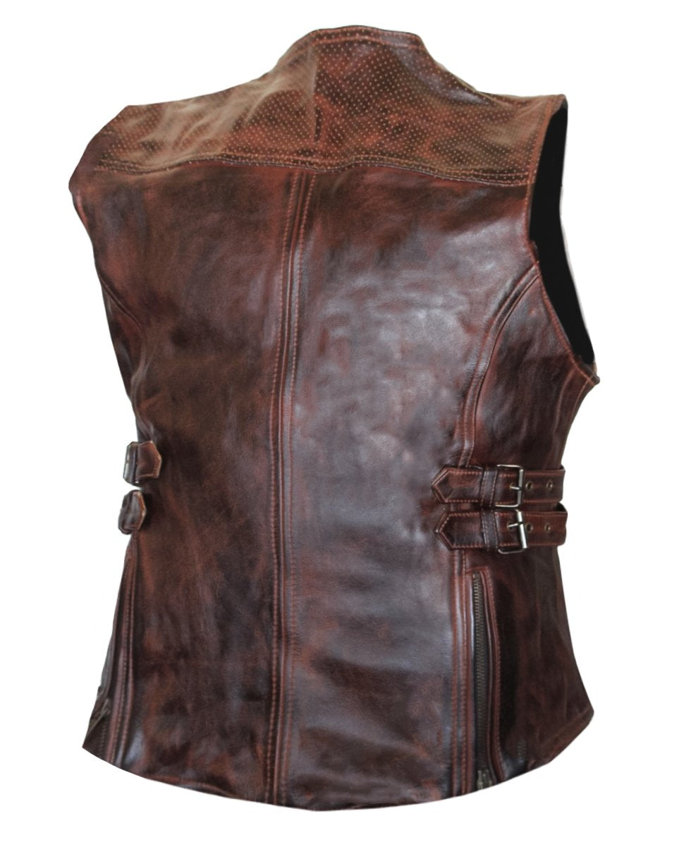 MG457 Motorcycle Ladies Zippered Distressed Leather Vest image 3
