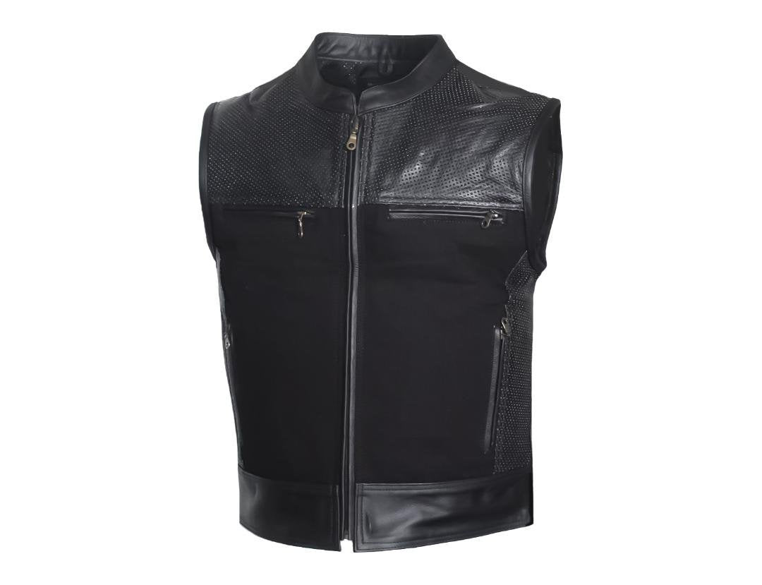 MG429 Mens Perforated Leather And Canvas Motorcycle Vest image 1