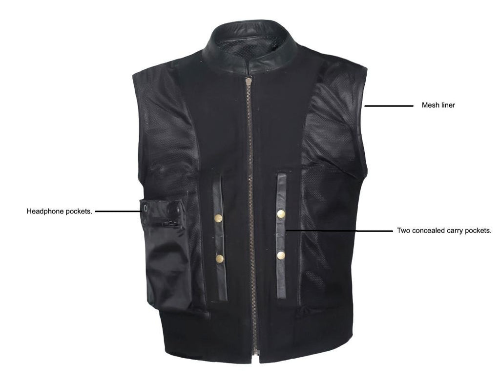 MG429 Mens Perforated Leather And Canvas Motorcycle Vest image 5