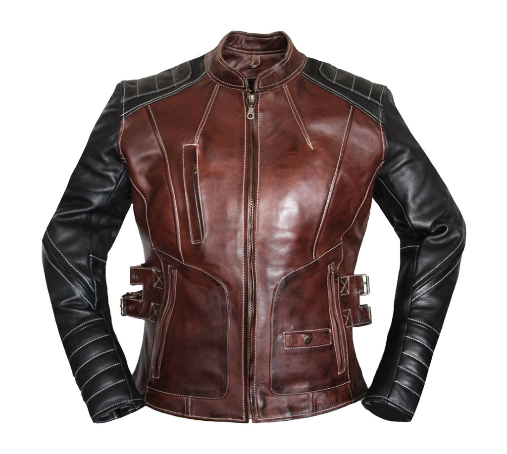 MG509 Motorcycle Women Brown Leather Jacket image 1