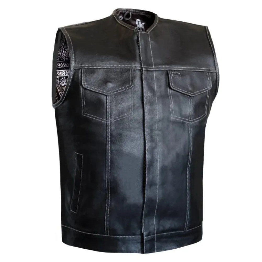 MG418 Paisley White Stitch Motorcycle Club Leather Vest image 0