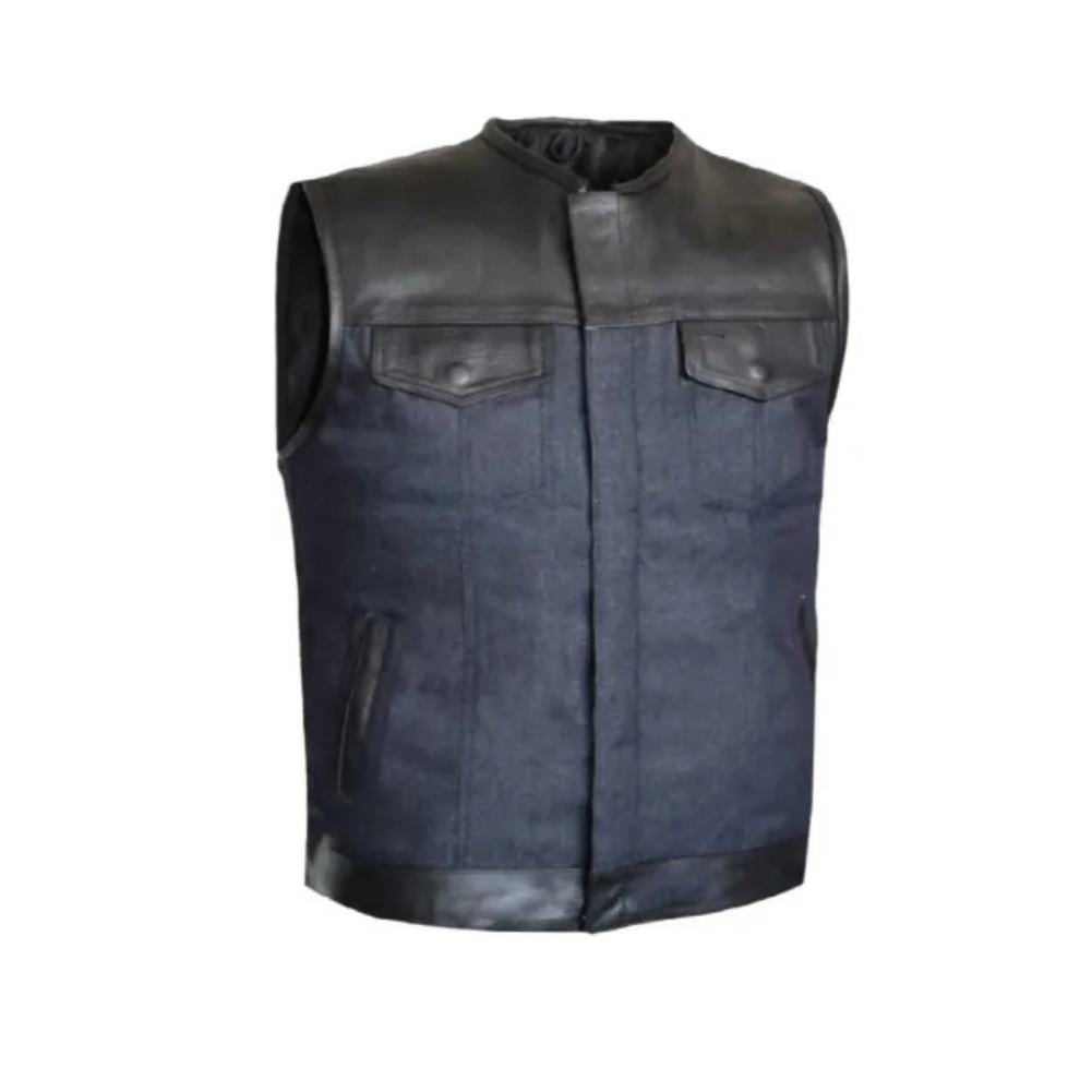 MG434 Motorcycle Leather And Denim Vest image 0