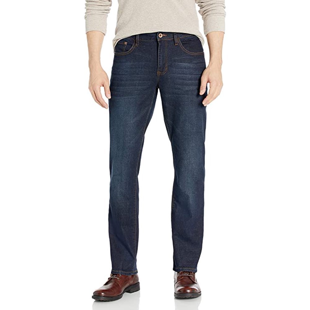 Mens New Vintage Slim Fit Dark Blue Wash Denim Jeans with Four Pockets image 0