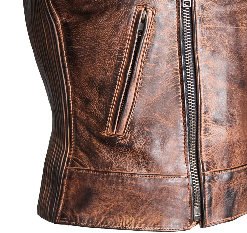 MG508 Motorcycle Women Brown Leather Jacket image 4
