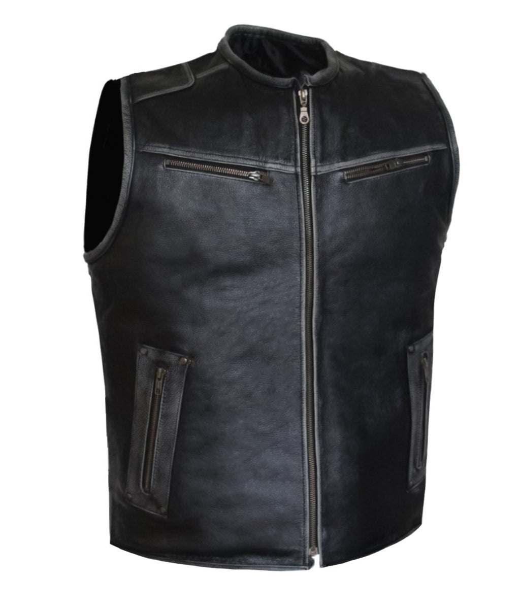 MG419 Distressed Gray Motorcycle Leather Vest image 2