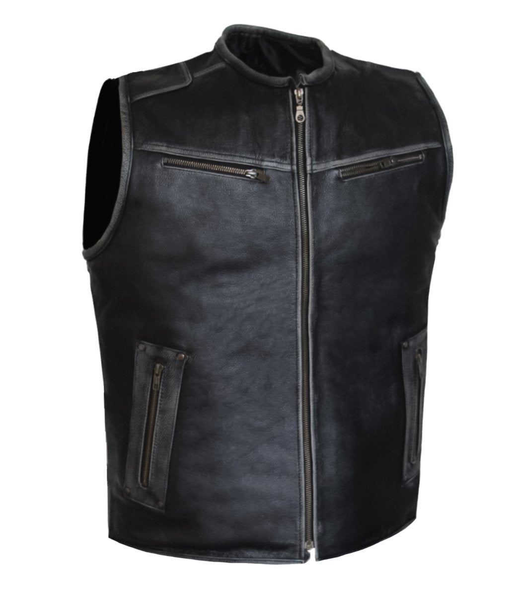MG419 Distressed Gray Motorcycle Leather Vest image 2