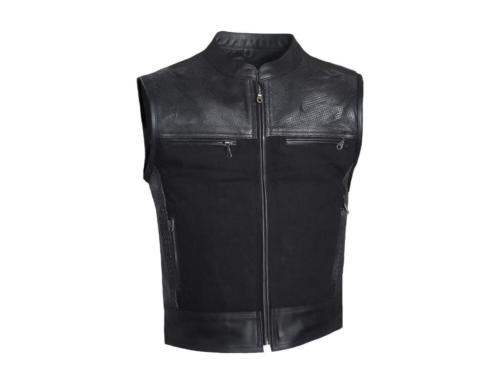 MG429 Mens Perforated Leather And Canvas Motorcycle Vest image 3