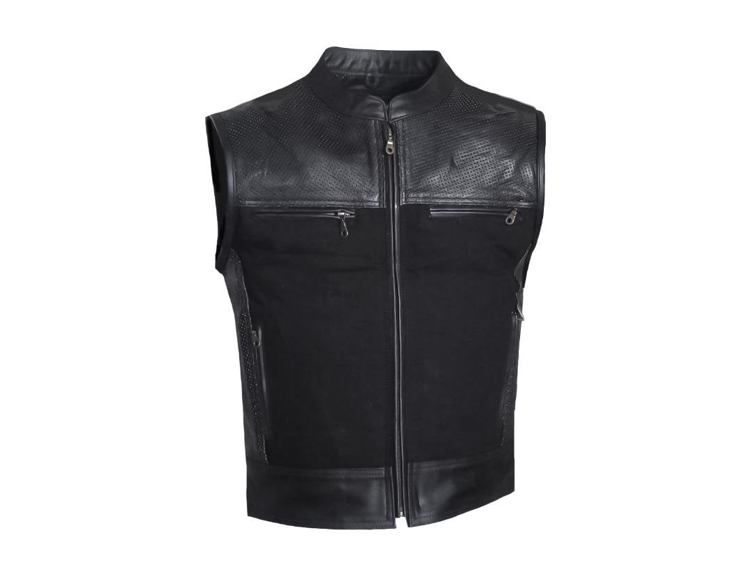 MG429 Mens Perforated Leather And Canvas Motorcycle Vest image 3