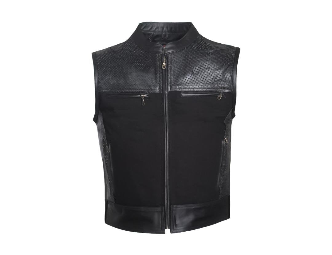 MG429 Mens Perforated Leather And Canvas Motorcycle Vest image 2