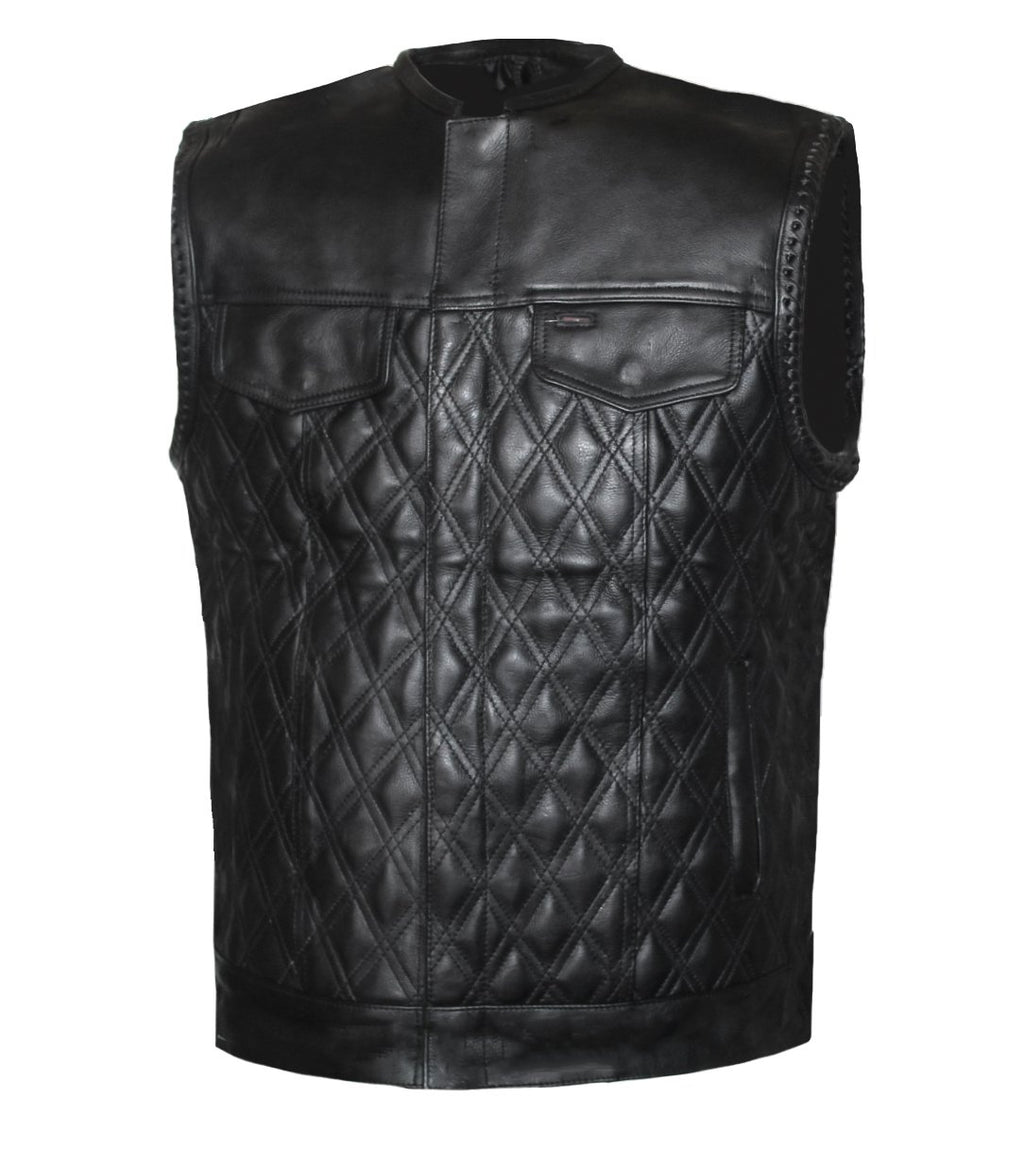 MG443 Mens Padded Black Stitched Leather Concealed Carry Motorcycle Vest image 2