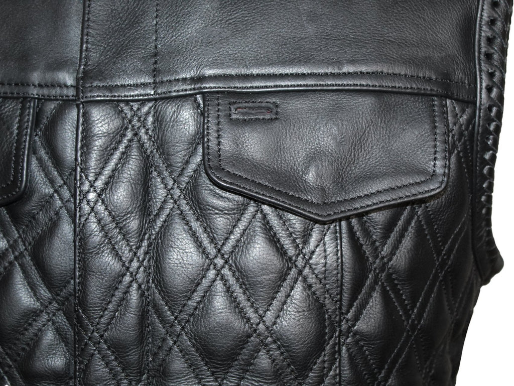 MG443 Mens Padded Black Stitched Leather Concealed Carry Motorcycle Vest image 8