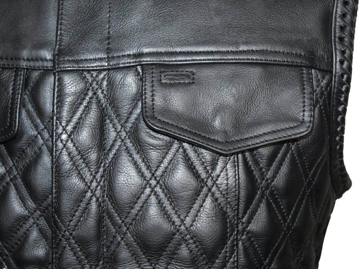 MG443 Mens Padded Black Stitched Leather Concealed Carry Motorcycle Vest image 8