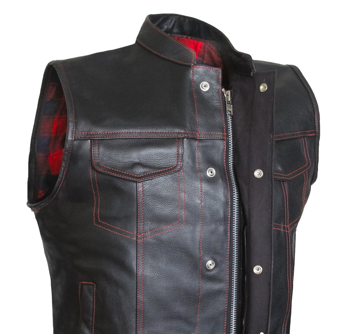 MG471 Red Flannel Lined Motorcycle Leather Vest image 3