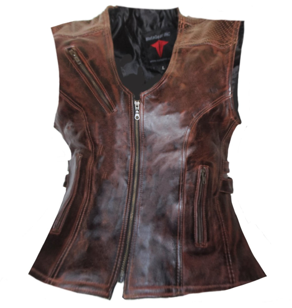 MG457 Motorcycle Ladies Zippered Distressed Leather Vest image 1