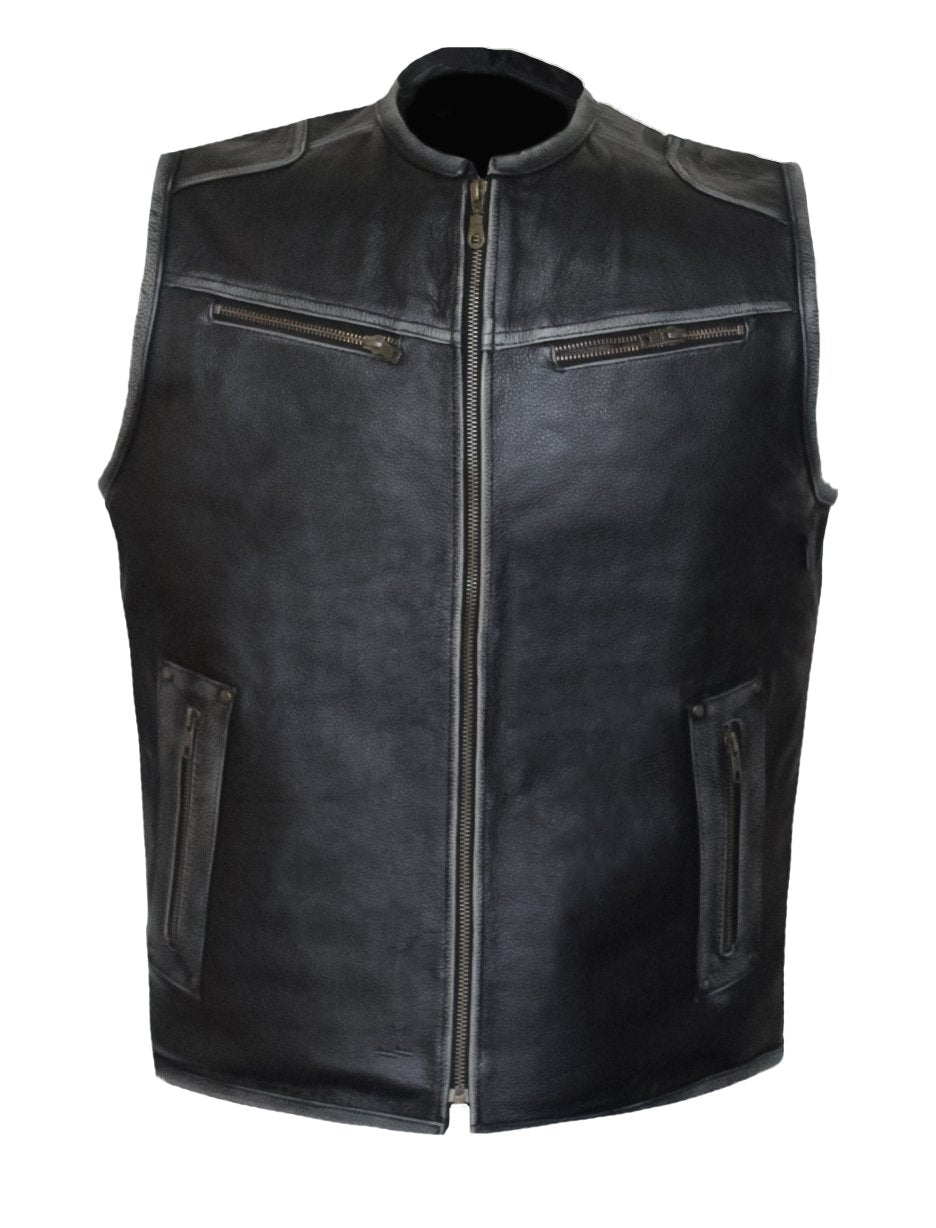 MG419 Distressed Gray Motorcycle Leather Vest image 1