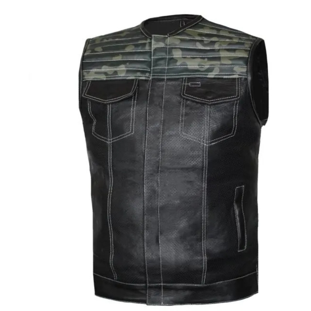 MG444 Mens Perforated CAMO Leather Concealed Carry Motorcycle Vest image 0