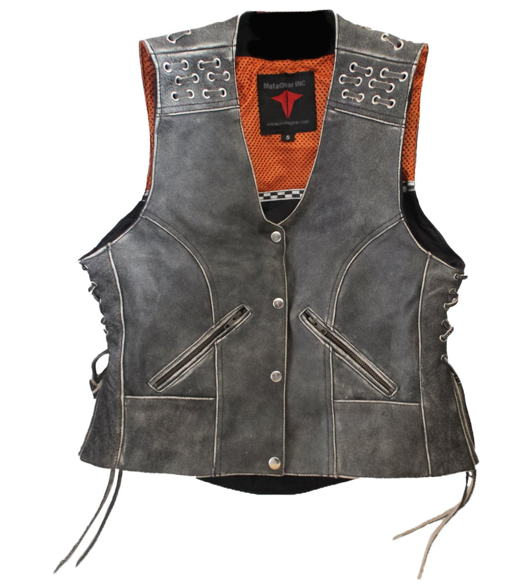 MG468 Motorcycle Ladies Distressed Leather Vest image 7