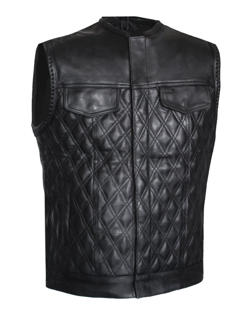 MG443 Mens Padded Black Stitched Leather Concealed Carry Motorcycle Vest image 1