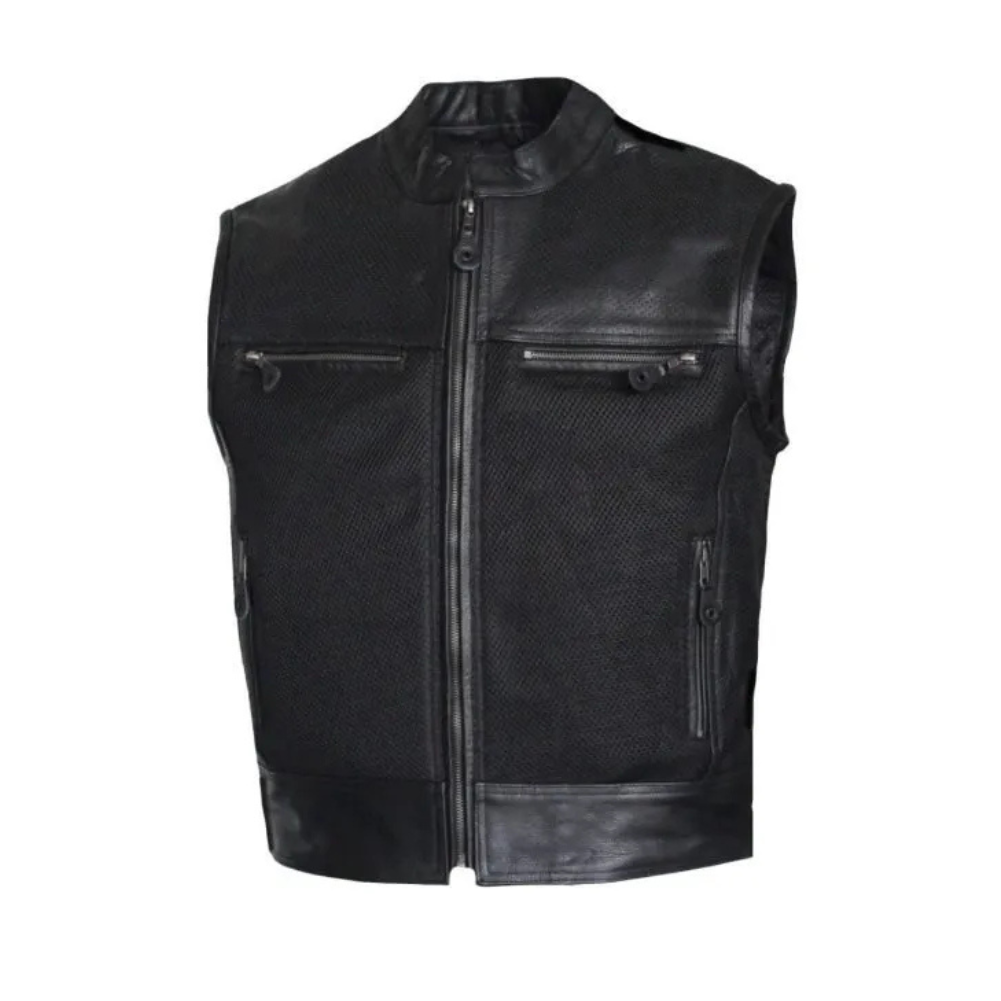 MG424 Mens Perforated Leather And Mesh Motorcycle Vest image 0