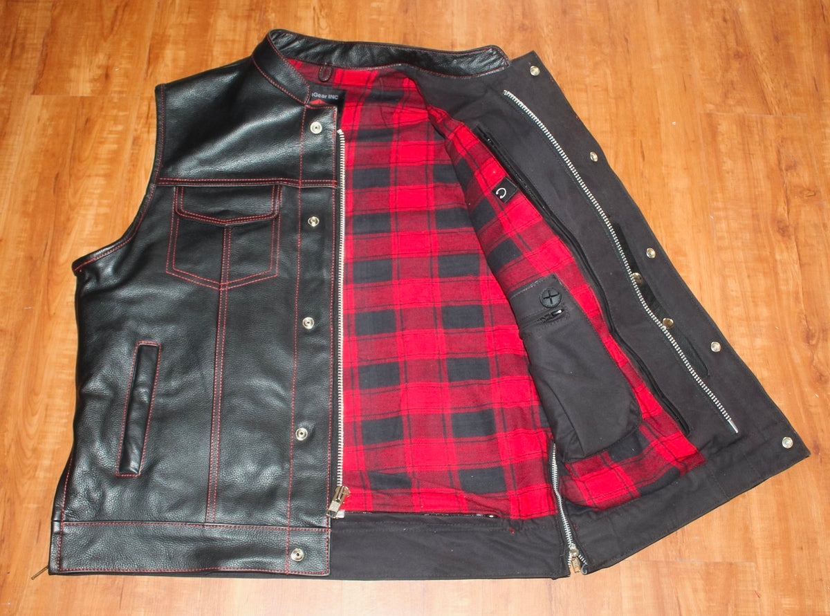 MG471 Red Flannel Lined Motorcycle Leather Vest image 7
