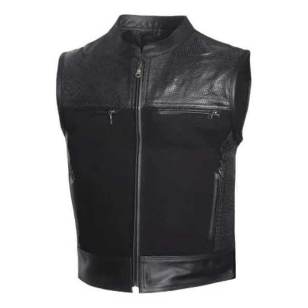 MG429 Mens Perforated Leather And Canvas Motorcycle Vest